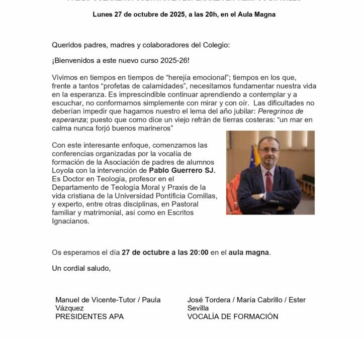 PABLO GUERRERO: CULTIVAR LA ESPERANZA EN TIEMPOS DIFÍCILES Lunes 27 de octubre de 2025, a las 20h, en el Aula Magna